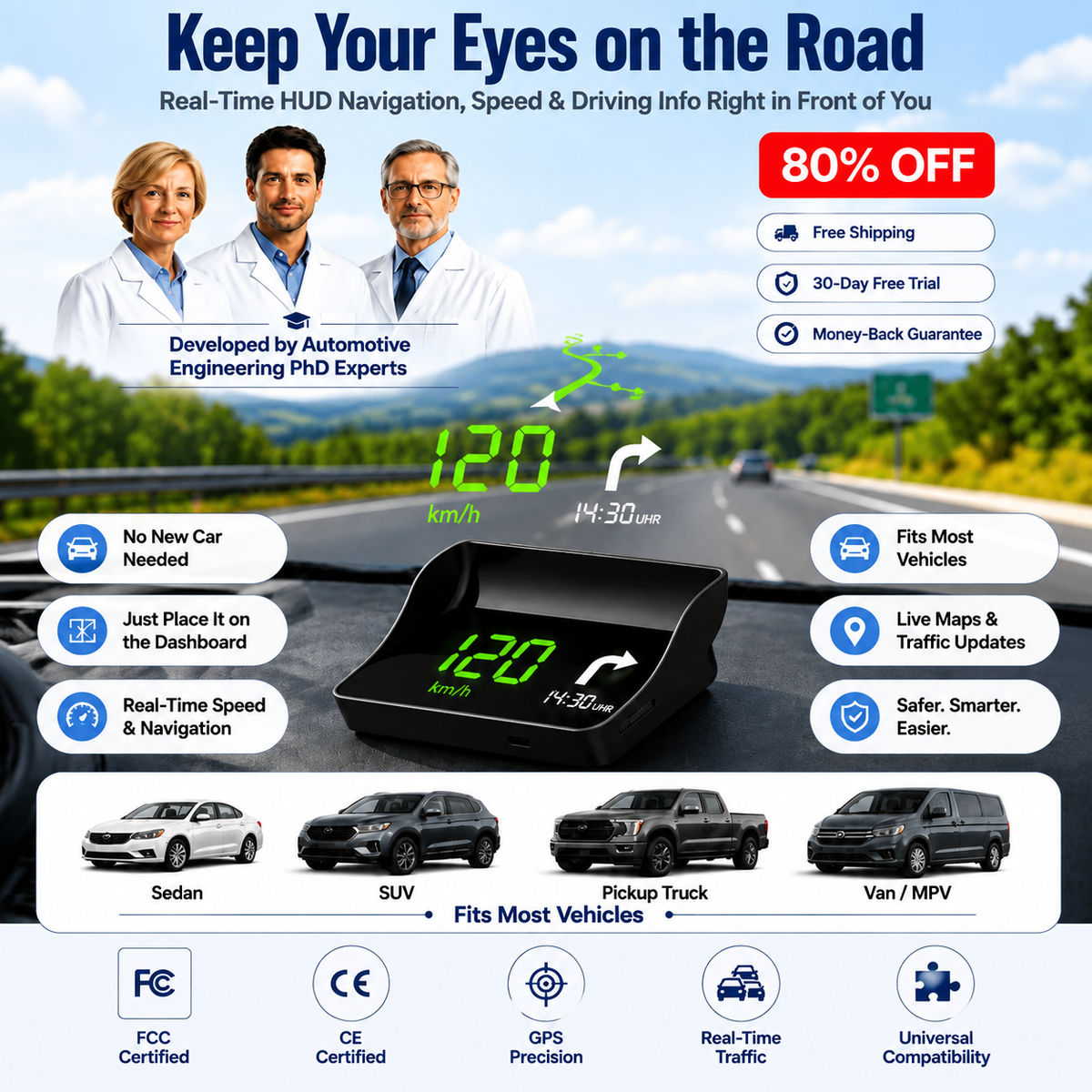 【Smart In-Car HUD Co-Pilot】Works on Sedans, SUVs, Pickups, RVs, and More! 30-Day Risk-Free Trial