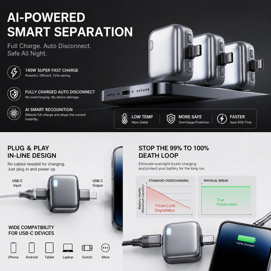 140W Type-C Battery Guard with Physical Disconnect, Auto & Self-Eject Charger, Smart Auto-Stop Charging for Smartphones & Handheld Devices