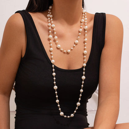 Personalized pearl round bead long chain necklace