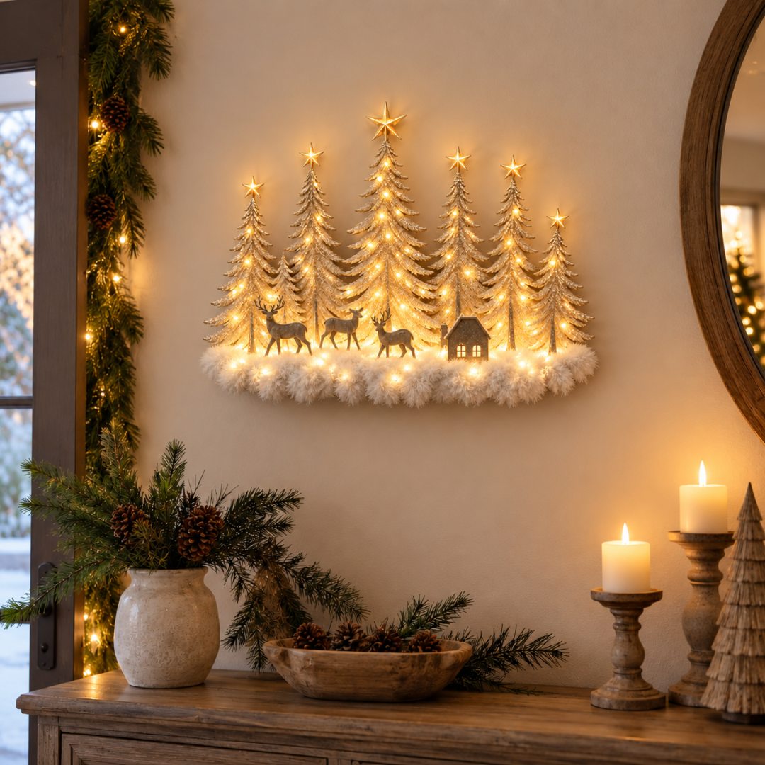 🦌✨ Glowing Christmas Woodland Wall Decor | Snowy Forest, Deer & Cottage Scene🎄