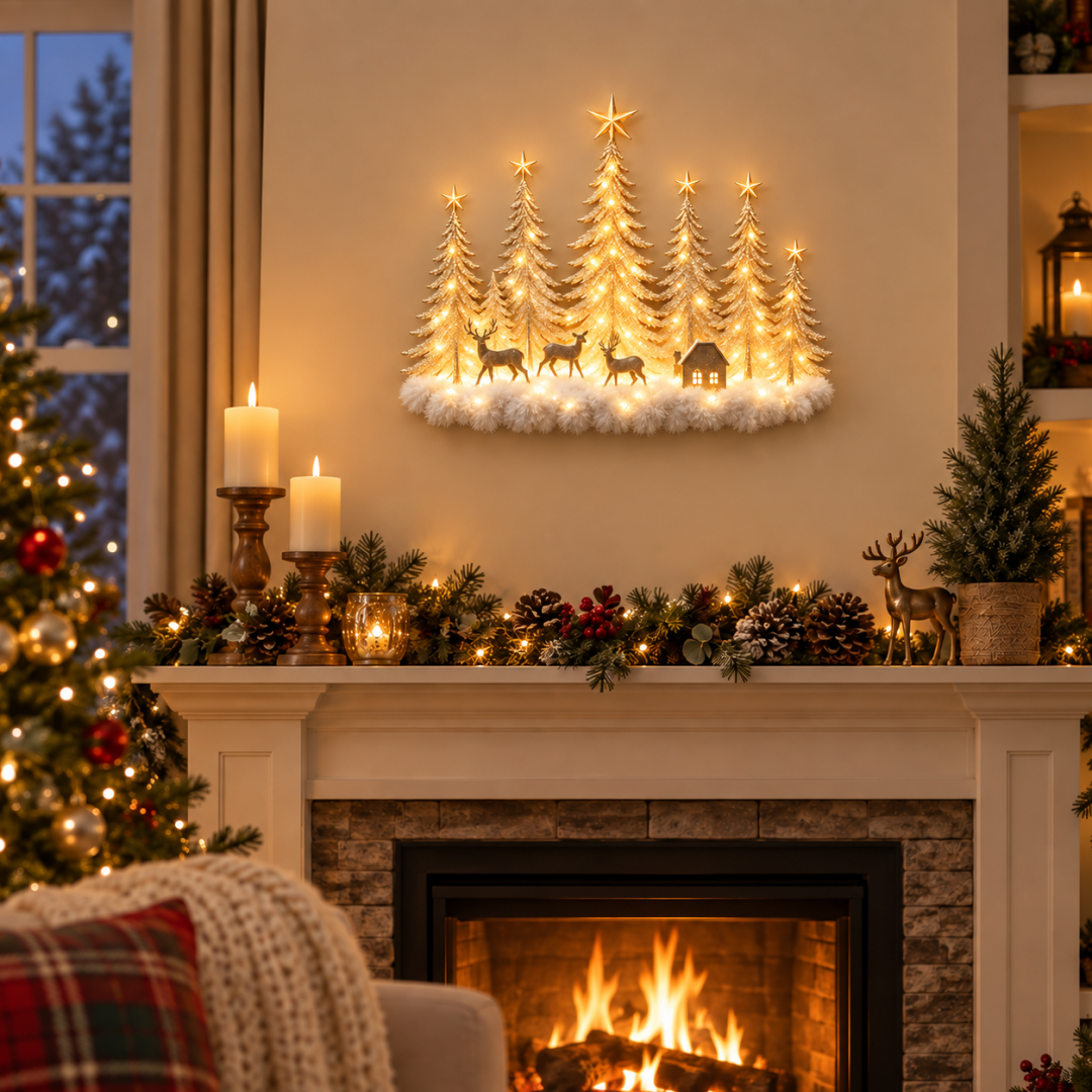 🦌✨ Glowing Christmas Woodland Wall Decor | Snowy Forest, Deer & Cottage Scene🎄
