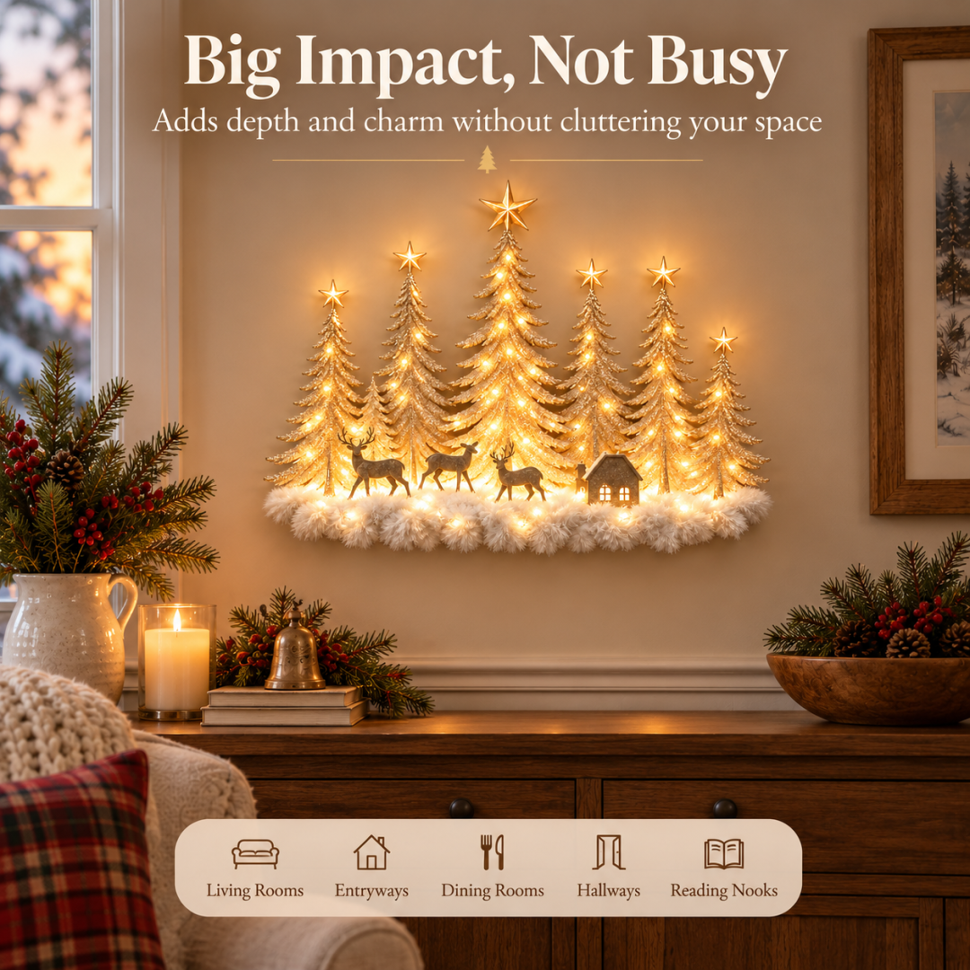 🦌✨ Glowing Christmas Woodland Wall Decor | Snowy Forest, Deer & Cottage Scene🎄