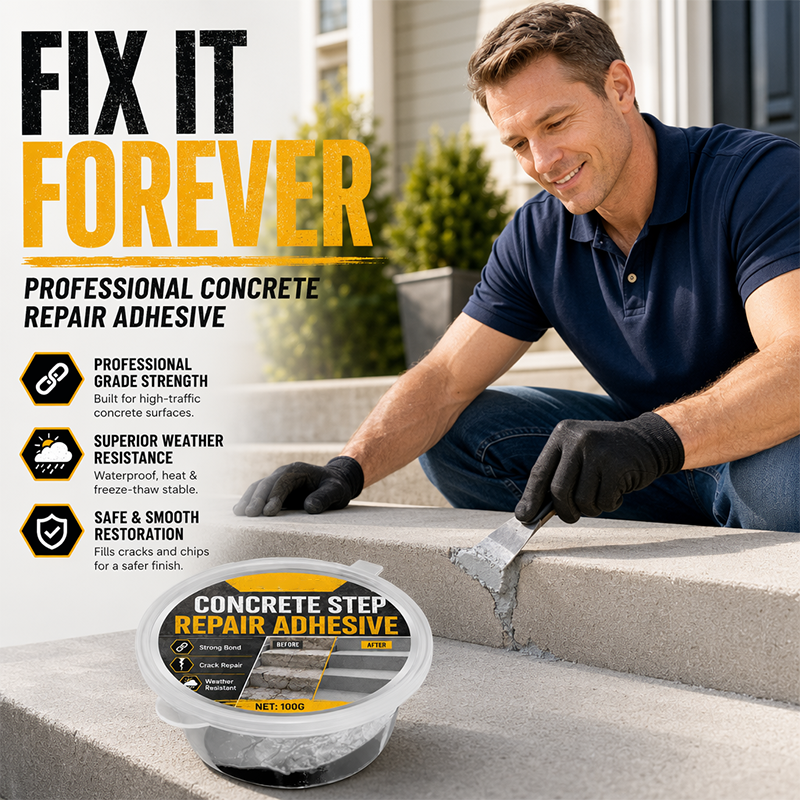Concrete Step Repair Adhesive – Permanently bonds cracked stairs & walkways. Weatherproof – resists heat, ice & rain. Walk safely again!