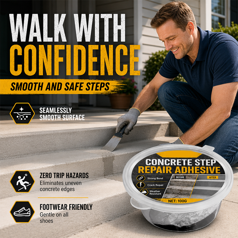 Concrete Step Repair Adhesive – Permanently bonds cracked stairs & walkways. Weatherproof – resists heat, ice & rain. Walk safely again!