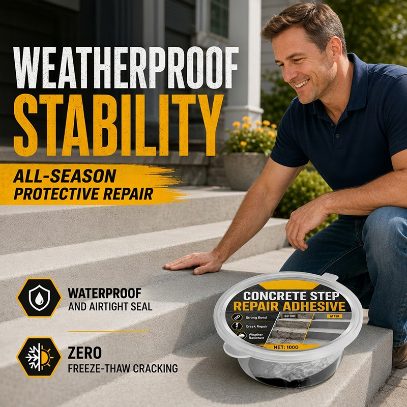 Concrete Step Repair Adhesive – Permanently bonds cracked stairs & walkways. Weatherproof – resists heat, ice & rain. Walk safely again!