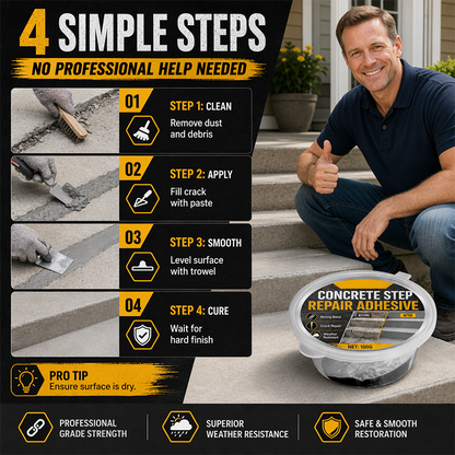 Concrete Step Repair Adhesive – Permanently bonds cracked stairs & walkways. Weatherproof – resists heat, ice & rain. Walk safely again!