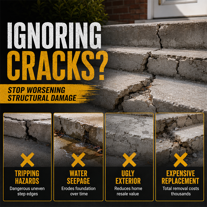 Concrete Step Repair Adhesive – Permanently bonds cracked stairs & walkways. Weatherproof – resists heat, ice & rain. Walk safely again!